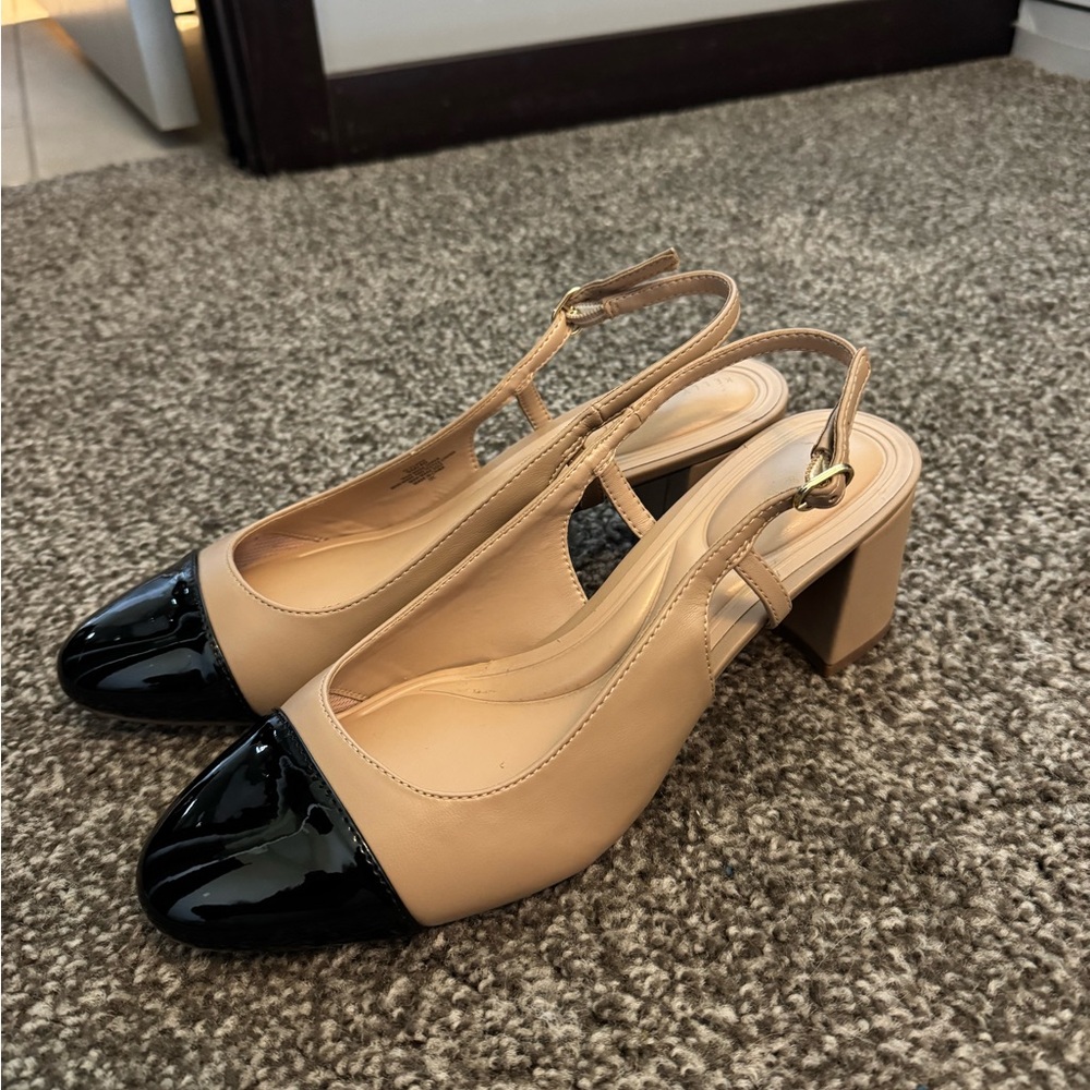 Elegant Beige and Black Slingback Heels